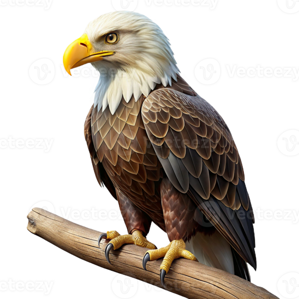 magnificent artistic A regal bald eagle perched on a branch, staring intensely, dramatic lighting, photorealistic style, genuine png