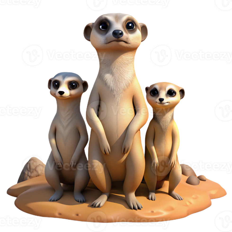 dramatic vintage A family of meerkats standing alert in the desert, midday sun, realistic style, premium png