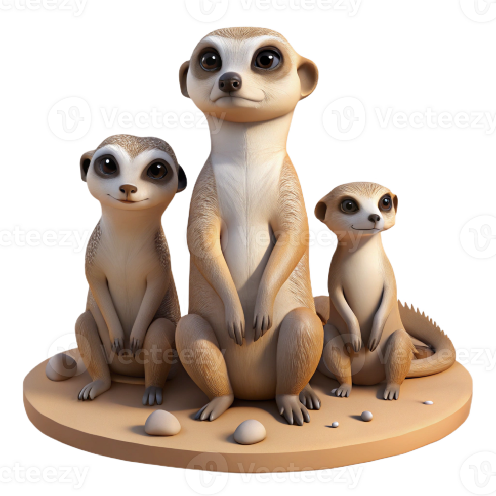 beautiful artistic A family of meerkats standing alert in the desert, midday sun, realistic style, high resolution png