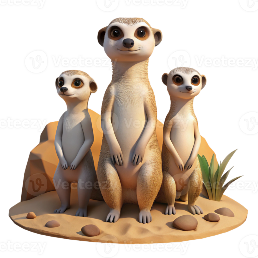 stunning classic A family of meerkats standing alert in the desert, midday sun, realistic style, original png
