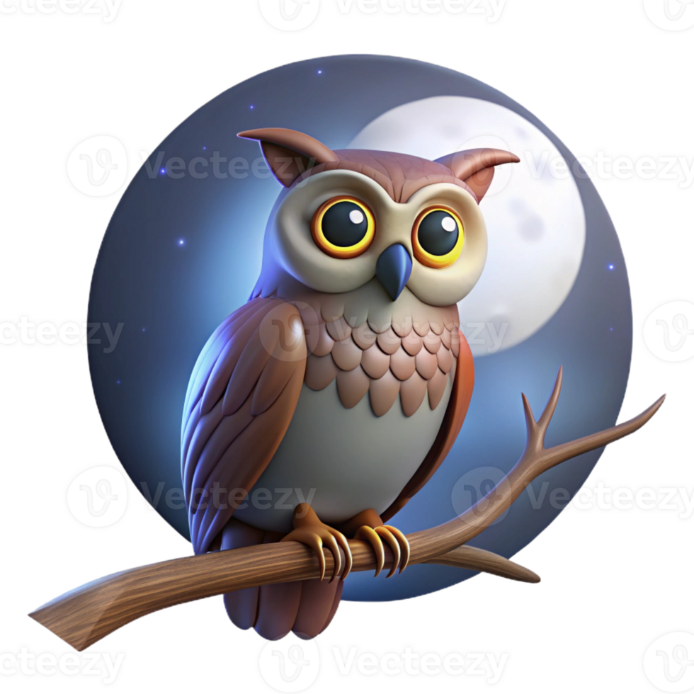 serene modern A wise old owl perched on a tree branch, nocturnal scene, moonlight, mystical style, premium png