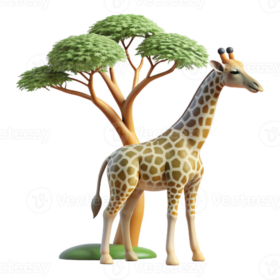 stunning traditional A graceful giraffe reaching for leaves on a tall tree, savanna setting, warm lighting, naturalistic style, high resolution png
