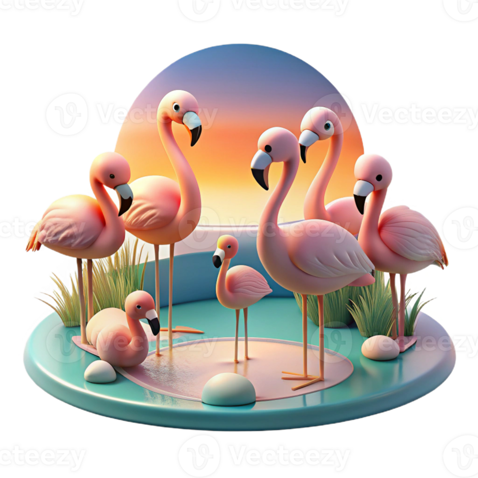 elegant traditional A flock of flamingos standing in a shallow lake, sunset lighting, pastel colors, serene style, original png