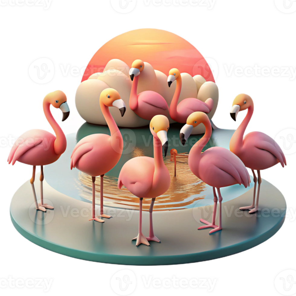 serene artistic A flock of flamingos standing in a shallow lake, sunset lighting, pastel colors, serene style, premium png