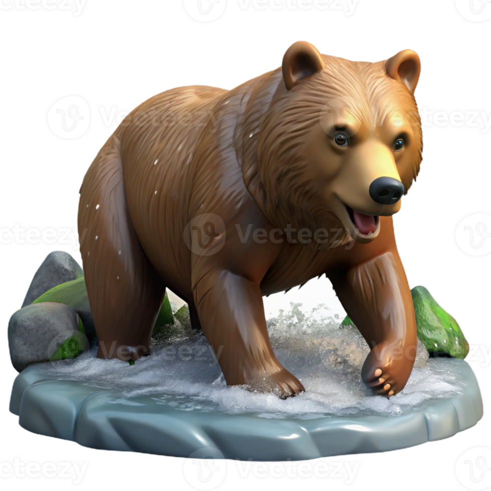 magnificent modern A powerful grizzly bear fishing for salmon in a river, Alaskan wilderness setting, natural lighting, realistic style, high resolution png