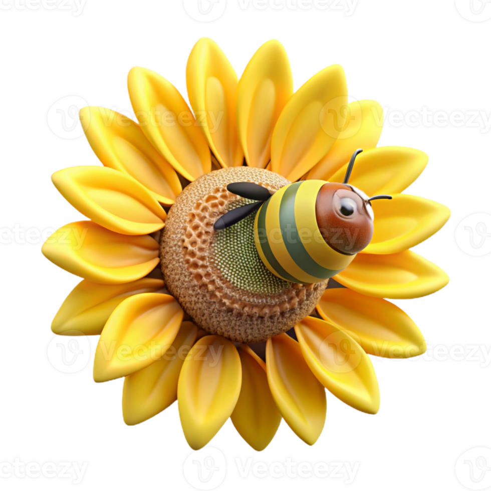 magnificent modern A buzzing honeybee collecting pollen from a sunflower, close-up, bright sunlight, detailed style, authentic png