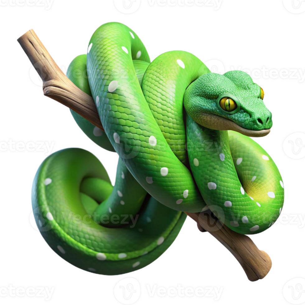 vibrant vintage A slithering green tree python wrapped around a branch, jungle setting, dappled lighting, realistic style, high quality png
