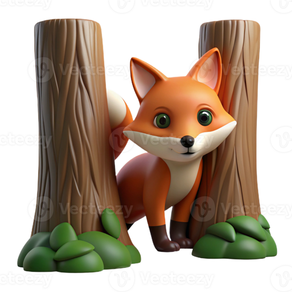 impressive minimalist A cunning fox peering out from behind a tree, forest setting, dim lighting, mysterious style, exclusive png