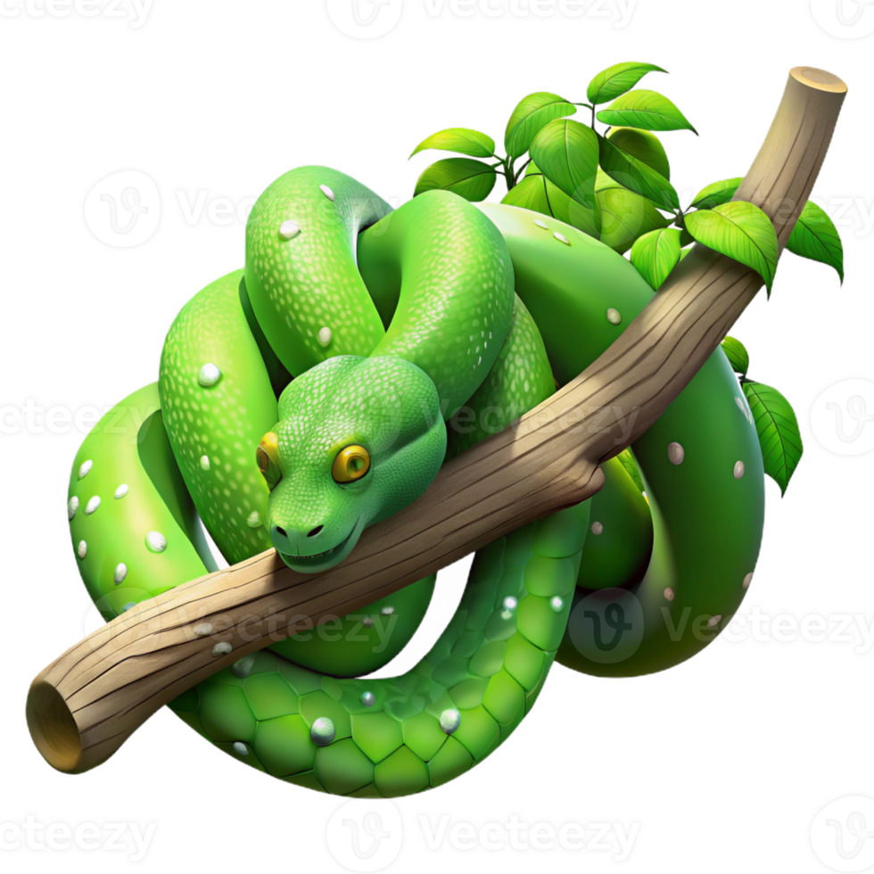 impressive rustic A slithering green tree python wrapped around a branch, jungle setting, dappled lighting, realistic style, original png