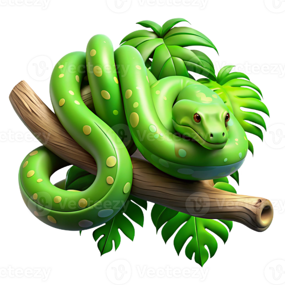 stunning traditional A slithering green tree python wrapped around a branch, jungle setting, dappled lighting, realistic style, 4K png
