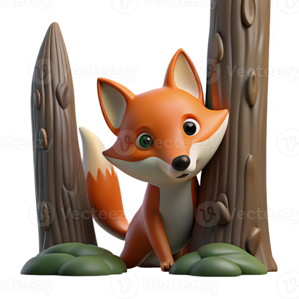 serene modern A cunning fox peering out from behind a tree, forest setting, dim lighting, mysterious style, professional png