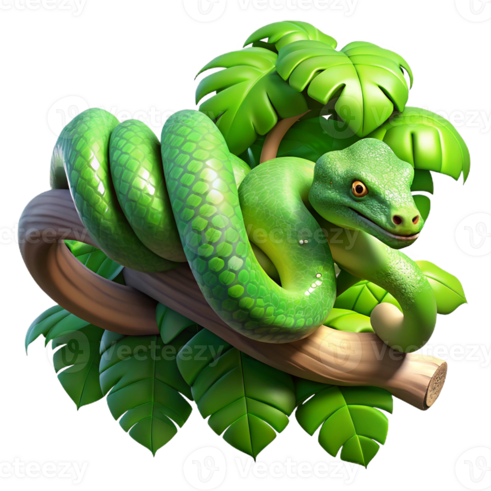 impressive contemporary A slithering green tree python wrapped around a branch, jungle setting, dappled lighting, realistic style, high resolution png