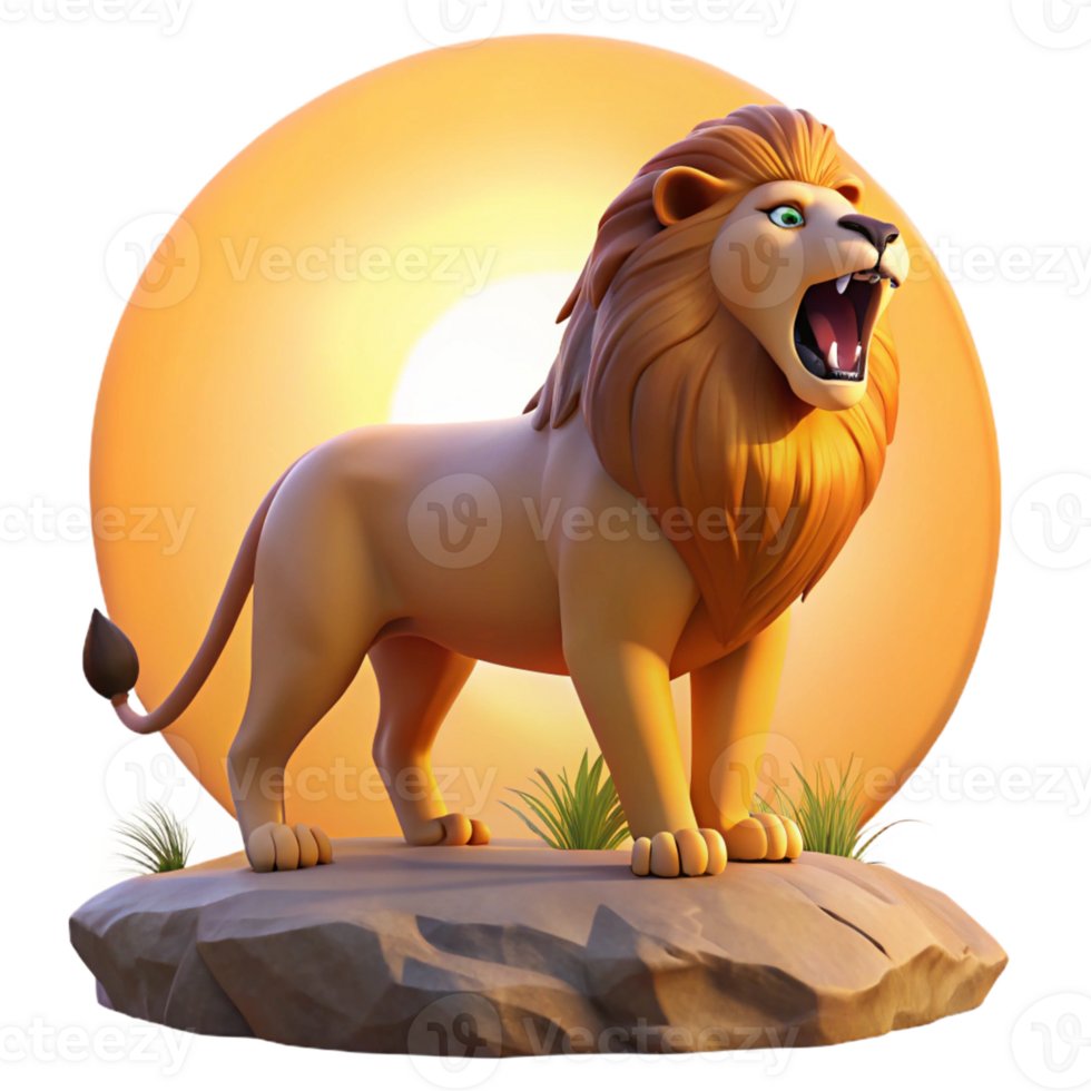 stunning abstract A roaring lion standing on a rock, savanna setting, golden hour lighting, powerful style, authentic png