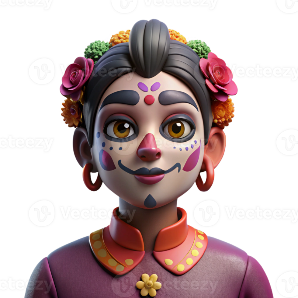 beautiful vintage Portrait of a person with their face painted in the style of Dia de los Muertos, vibrant and celebratory style professional png