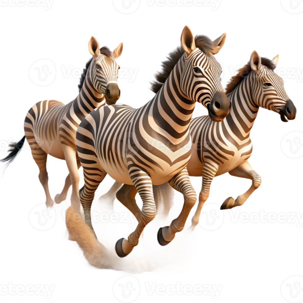 wonderful minimalist A herd of zebras galloping across the African savanna, dust swirling around their hooves, in a dynamic, photorealistic style premium png