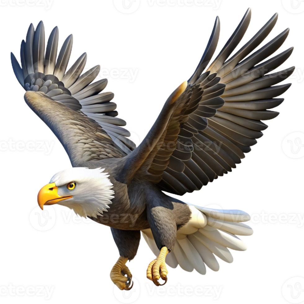 extraordinary modern A majestic bald eagle soaring through the sky, sharp talons, dynamic pose, bright sunlight. Photorealistic style detailed png