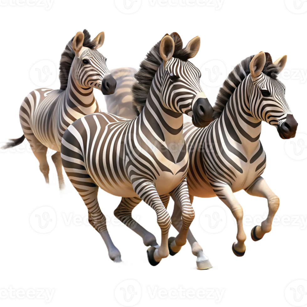 elegant creative A herd of zebras galloping across the African savanna, dust swirling around their hooves, in a dynamic, photorealistic style high resolution png