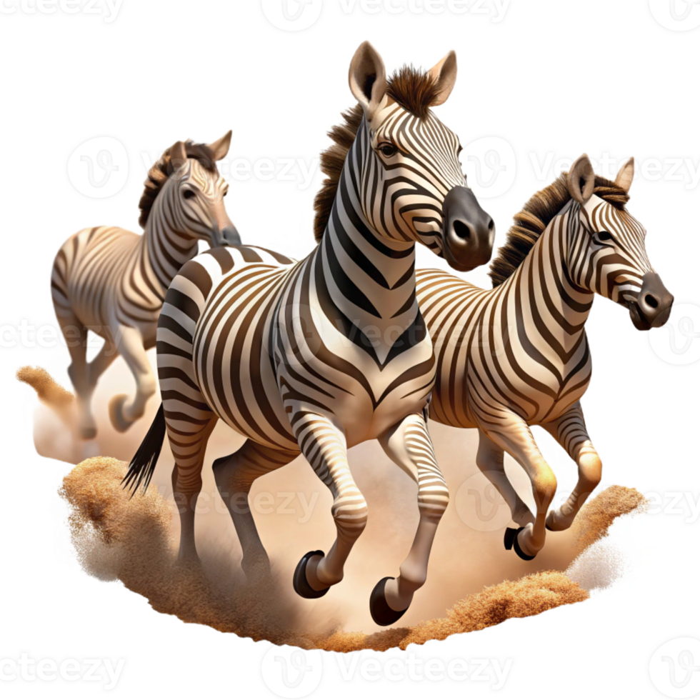 dramatic rustic A herd of zebras galloping across the African savanna, dust swirling around their hooves, in a dynamic, photorealistic style exclusive png