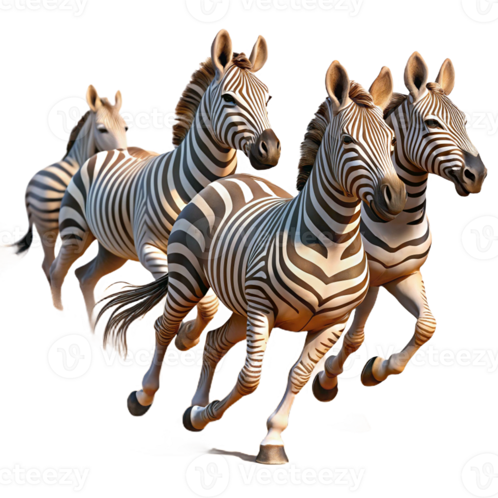 vibrant minimalist A herd of zebras galloping across the African savanna, dust swirling around their hooves, in a dynamic, photorealistic style professional png