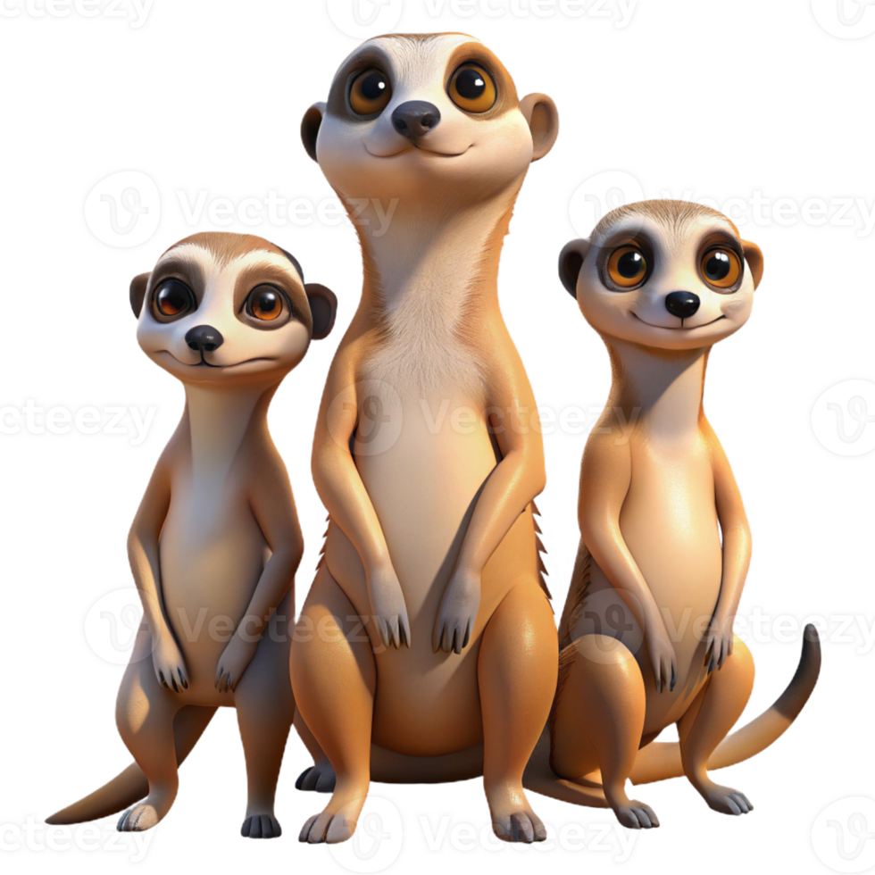 serene creative A family of meerkats standing on guard, alert expressions, desert landscape lighting, nature documentary style high resolution png
