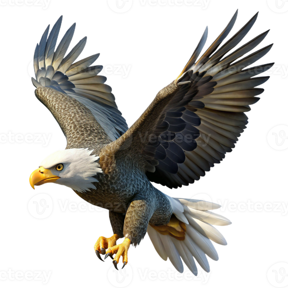 magnificent minimalist A majestic bald eagle soaring through the sky, sharp talons, dynamic pose, bright sunlight. Photorealistic style premium png