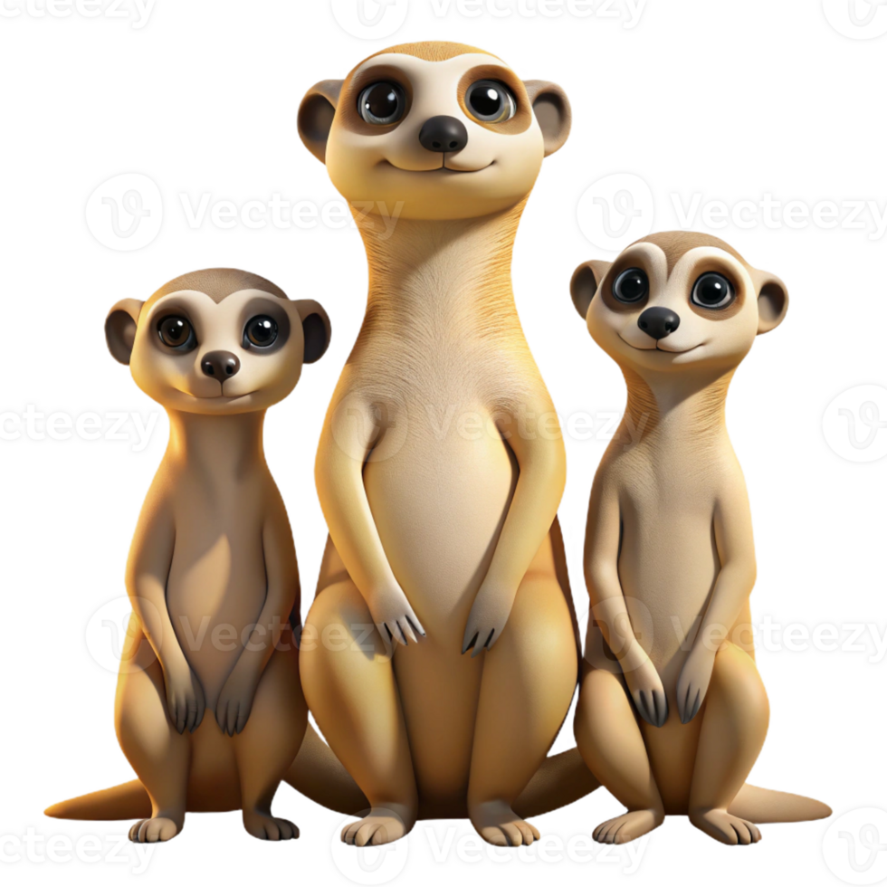 magnificent contemporary A family of meerkats standing on guard, alert expressions, desert landscape lighting, nature documentary style authentic png