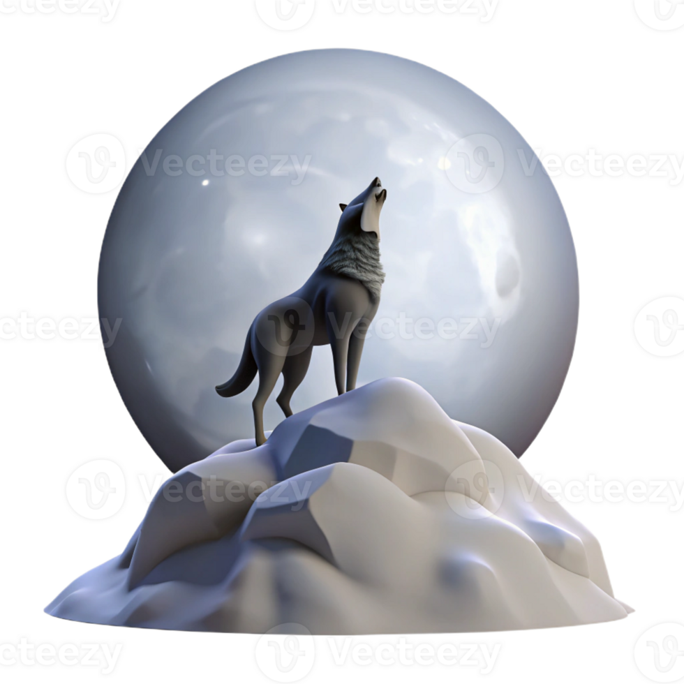 magnificent creative A solitary wolf howling at the full moon atop a snow-covered hill, the moonlight casting long shadows, in a haunting, atmospheric style authentic png