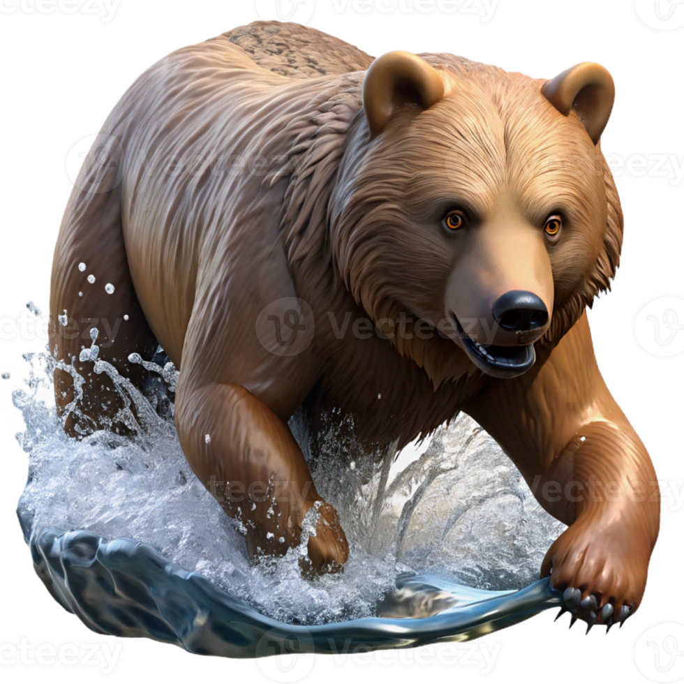elegant classic A powerful grizzly bear fishing for salmon in a rushing river, dynamic splashing water, natural light, wildlife photography style 4K png