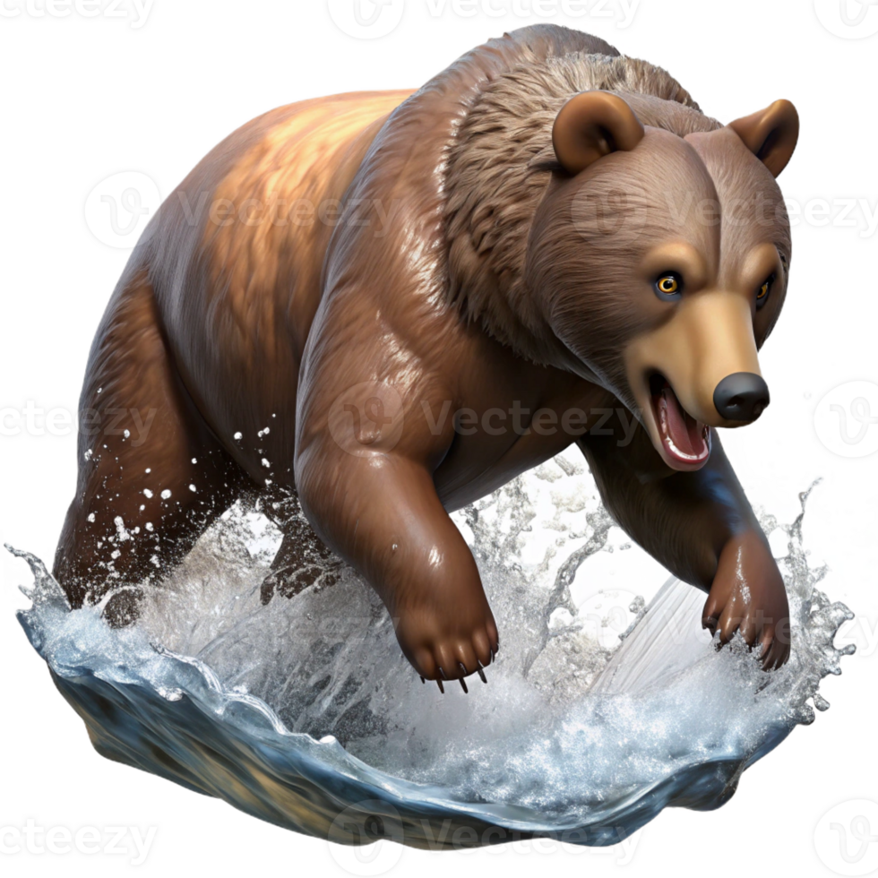 magnificent minimalist A powerful grizzly bear fishing for salmon in a rushing river, dynamic splashing water, natural light, wildlife photography style professional png