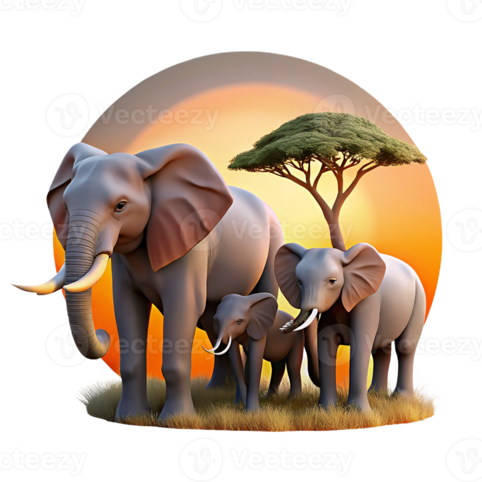 dramatic abstract A family of elephants walking across the African savanna, the setting sun casting a warm glow, in a peaceful, naturalistic style premium png