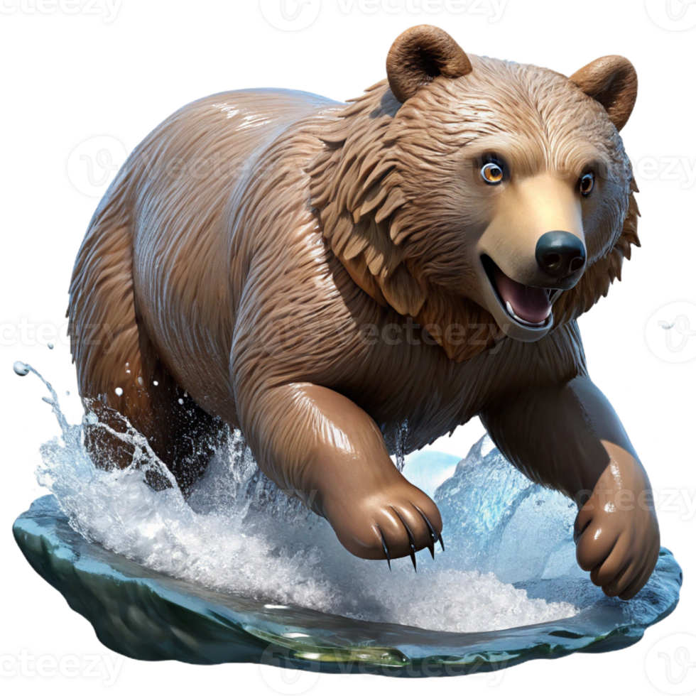 vibrant classic A powerful grizzly bear fishing for salmon in a rushing river, dynamic splashing water, natural light, wildlife photography style high quality png