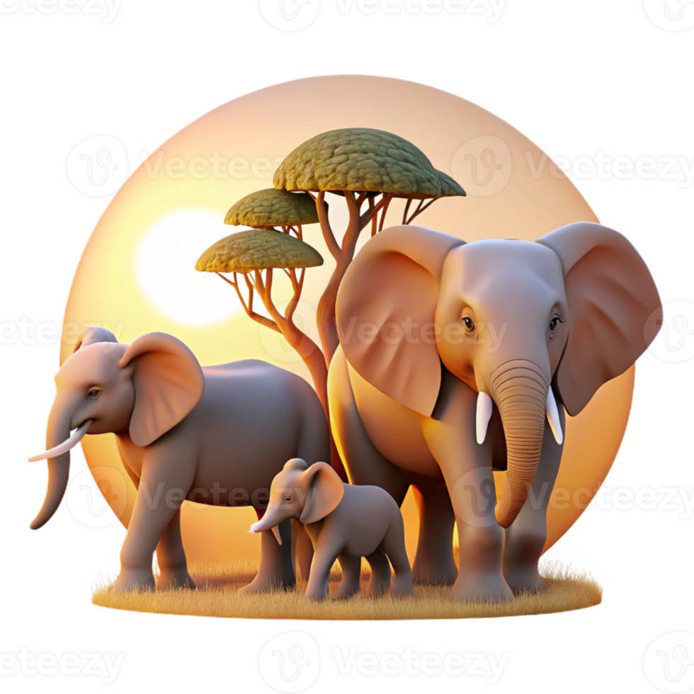 vibrant abstract A family of elephants walking across the African savanna, the setting sun casting a warm glow, in a peaceful, naturalistic style professional png