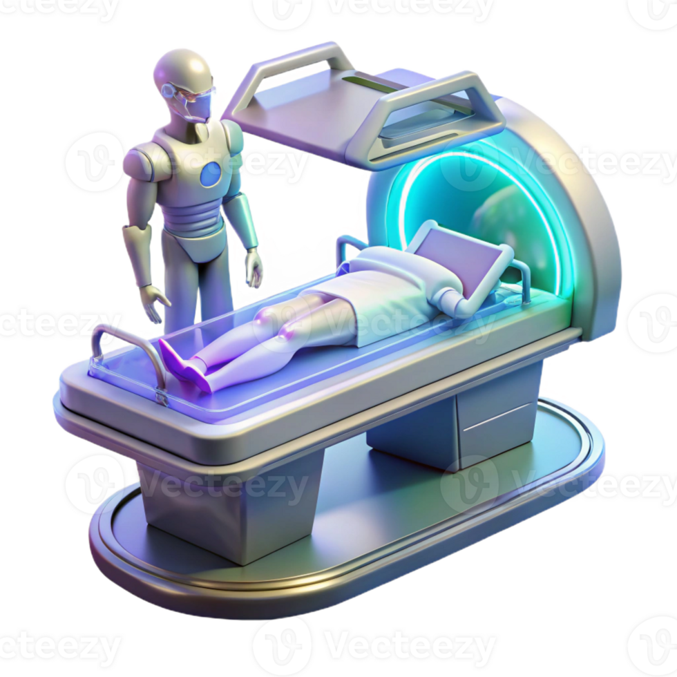 magnificent modern A futuristic medical bay, with a patient lying on a holographic operating table. Sterile, white lighting. Medical illustration style high resolution png