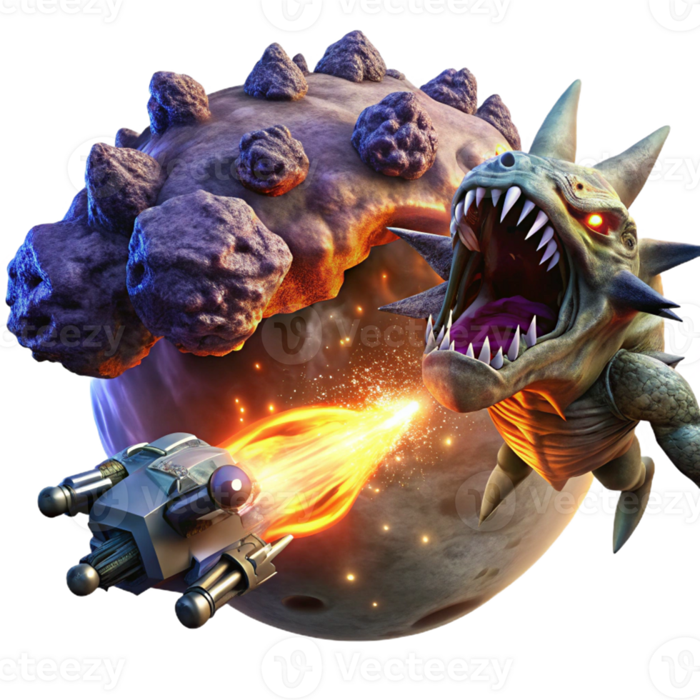 dramatic classic A spaceship battling a giant space monster in a nebula. Dramatic, explosive lighting. Space opera style professional png