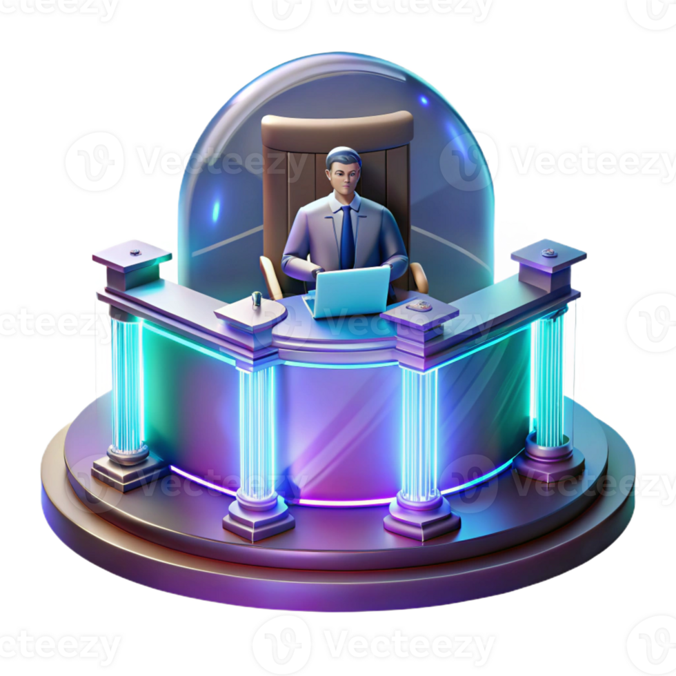 beautiful classic A futuristic courtroom, with a holographic judge presiding over a trial. Formal, dramatic lighting. Legal thriller style professional png