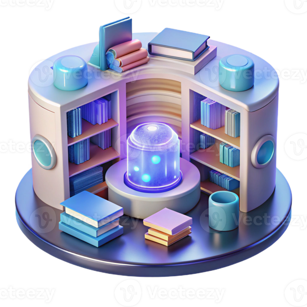dramatic minimalist A futuristic library, filled with holographic books and data archives. Soft, ambient lighting. Academic style high quality png
