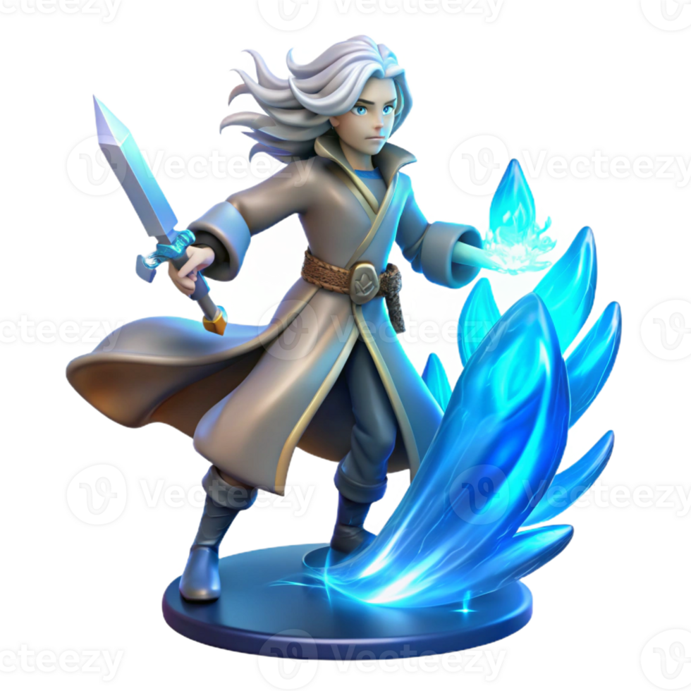 serene abstract A lone, ethereal warrior with flowing silver hair, wielding a glowing crystal sword, stands defiantly amidst swirling blue embers. Dynamic lighting, art nouveau style 4K png