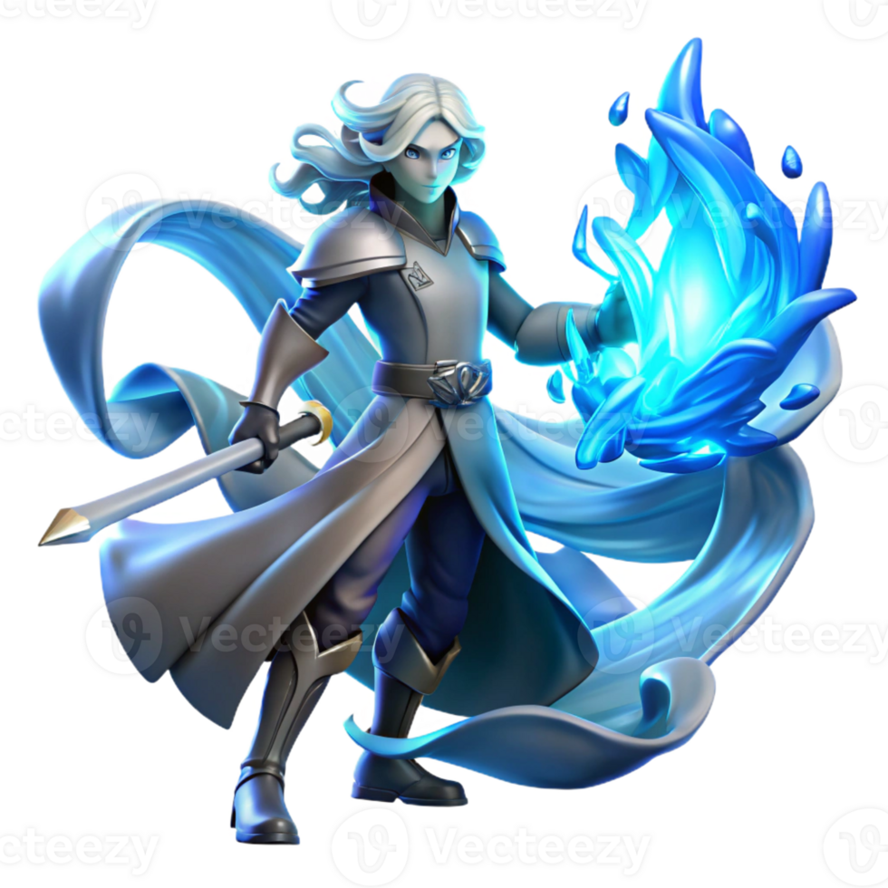 serene contemporary A lone, ethereal warrior with flowing silver hair, wielding a glowing crystal sword, stands defiantly amidst swirling blue embers. Dynamic lighting, art nouveau style professional png