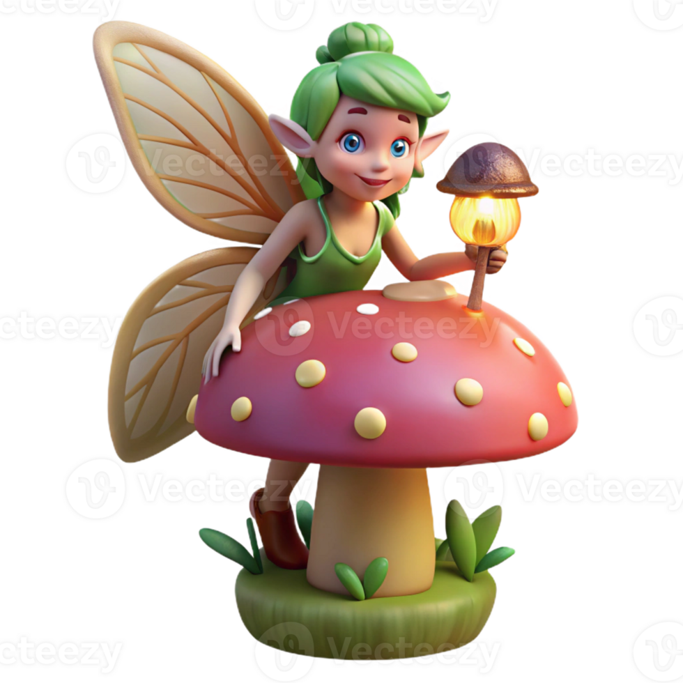 stunning minimalist A mischievous forest sprite with iridescent wings, perched on a giant mushroom, holding a firefly lantern. Soft, dappled lighting, whimsical style professional png