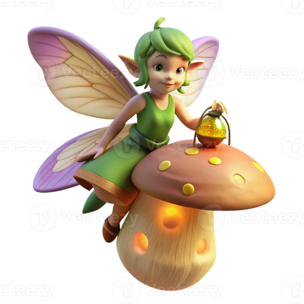magnificent contemporary A mischievous forest sprite with iridescent wings, perched on a giant mushroom, holding a firefly lantern. Soft, dappled lighting, whimsical style premium png