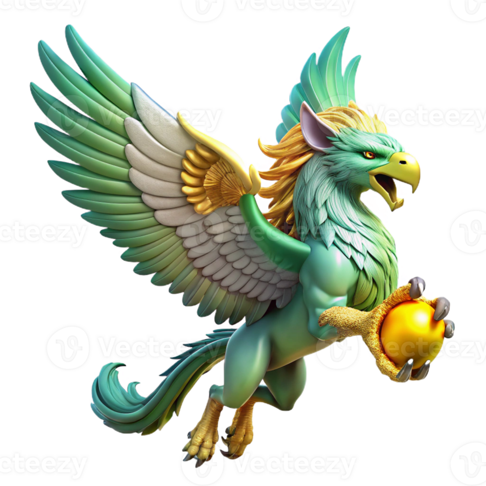 vibrant contemporary A majestic griffin with emerald scales and feathered wings, soaring through a storm-ridden sky, clutching a golden orb. Dramatic lighting, realistic style detailed png