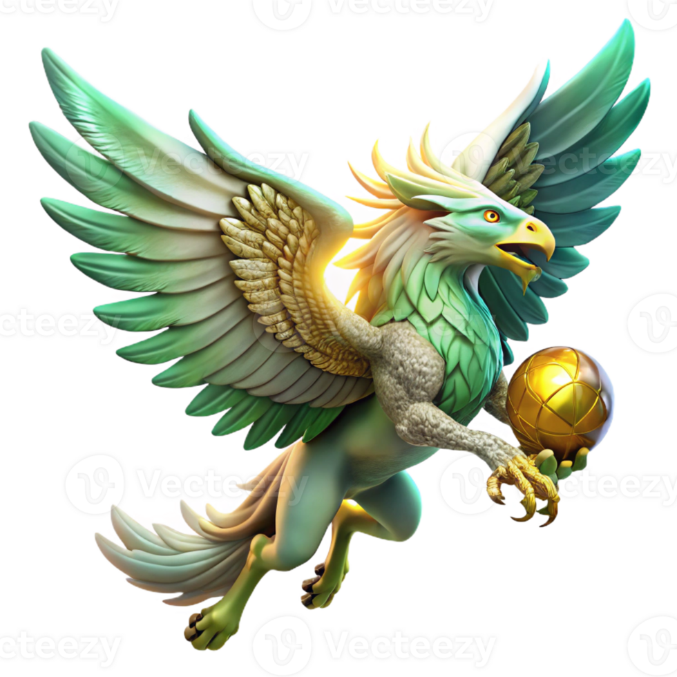 vibrant traditional A majestic griffin with emerald scales and feathered wings, soaring through a storm-ridden sky, clutching a golden orb. Dramatic lighting, realistic style professional png