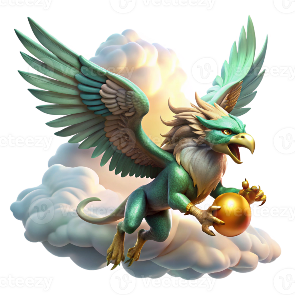 stunning classic A majestic griffin with emerald scales and feathered wings, soaring through a storm-ridden sky, clutching a golden orb. Dramatic lighting, realistic style high resolution png