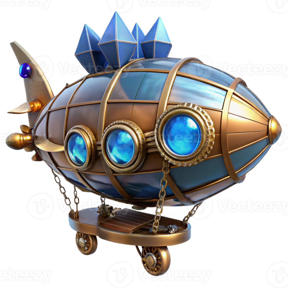 serene contemporary A steampunk airship, intricate brass and copper gears exposed, powered by glowing blue aetherium crystals, dramatic chiaroscuro lighting, art nouveau style detailed png