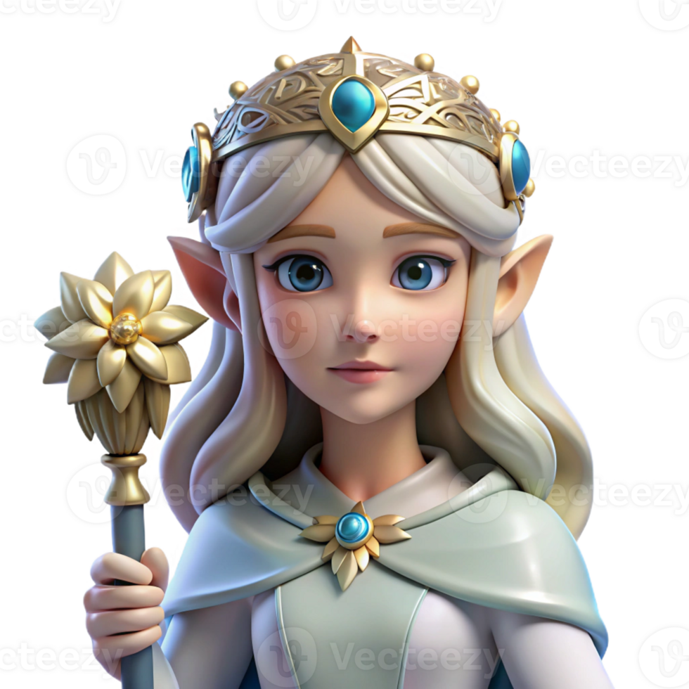 extraordinary minimalist A beautiful elven queen with a crown of woven flowers, holding a silver scepter, her eyes radiating wisdom. Soft lighting, art nouveau style 4K png
