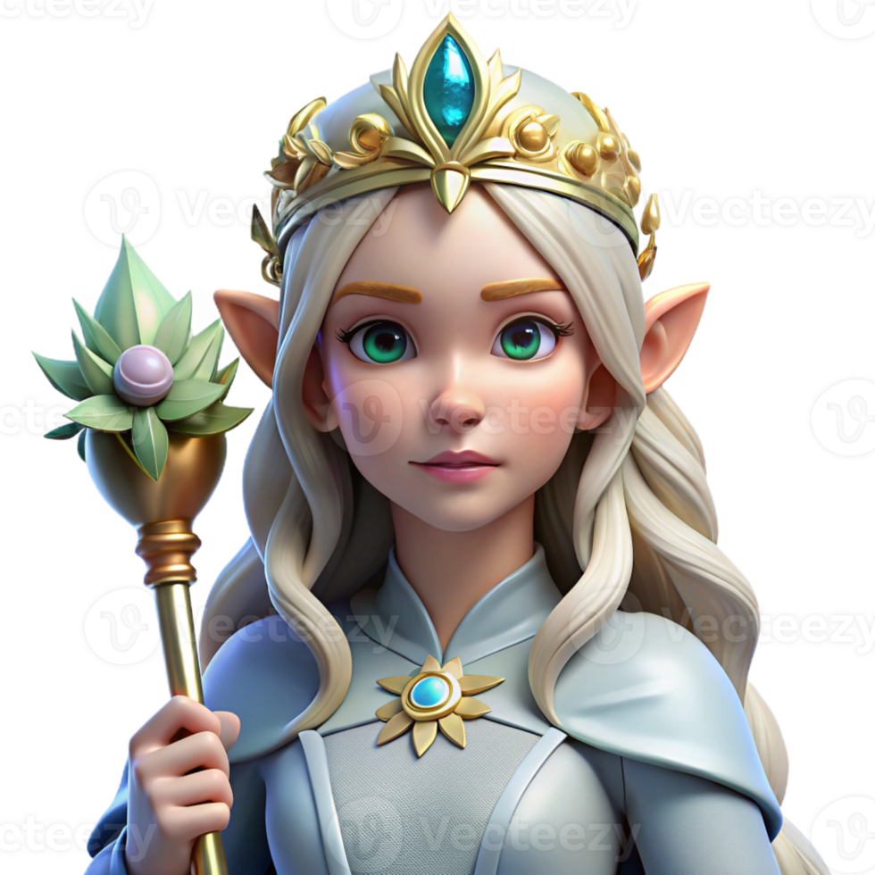 serene modern A beautiful elven queen with a crown of woven flowers, holding a silver scepter, her eyes radiating wisdom. Soft lighting, art nouveau style original png