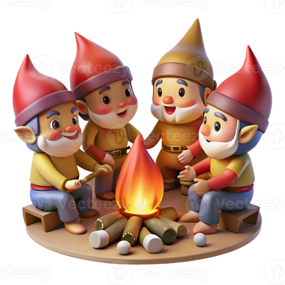 impressive classic A group of playful gnomes gathered around a campfire, roasting marshmallows, their faces illuminated by the warm glow. Warm lighting, cartoon style professional png