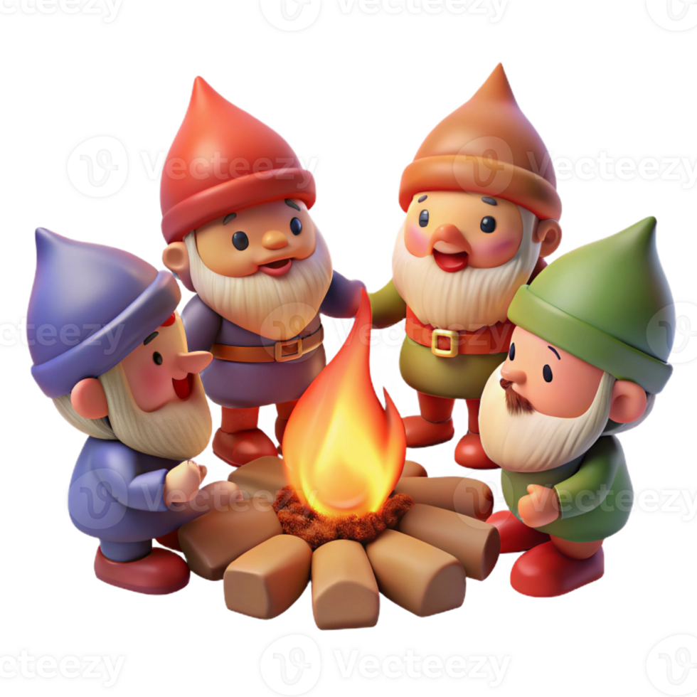 wonderful modern A group of playful gnomes gathered around a campfire, roasting marshmallows, their faces illuminated by the warm glow. Warm lighting, cartoon style authentic png