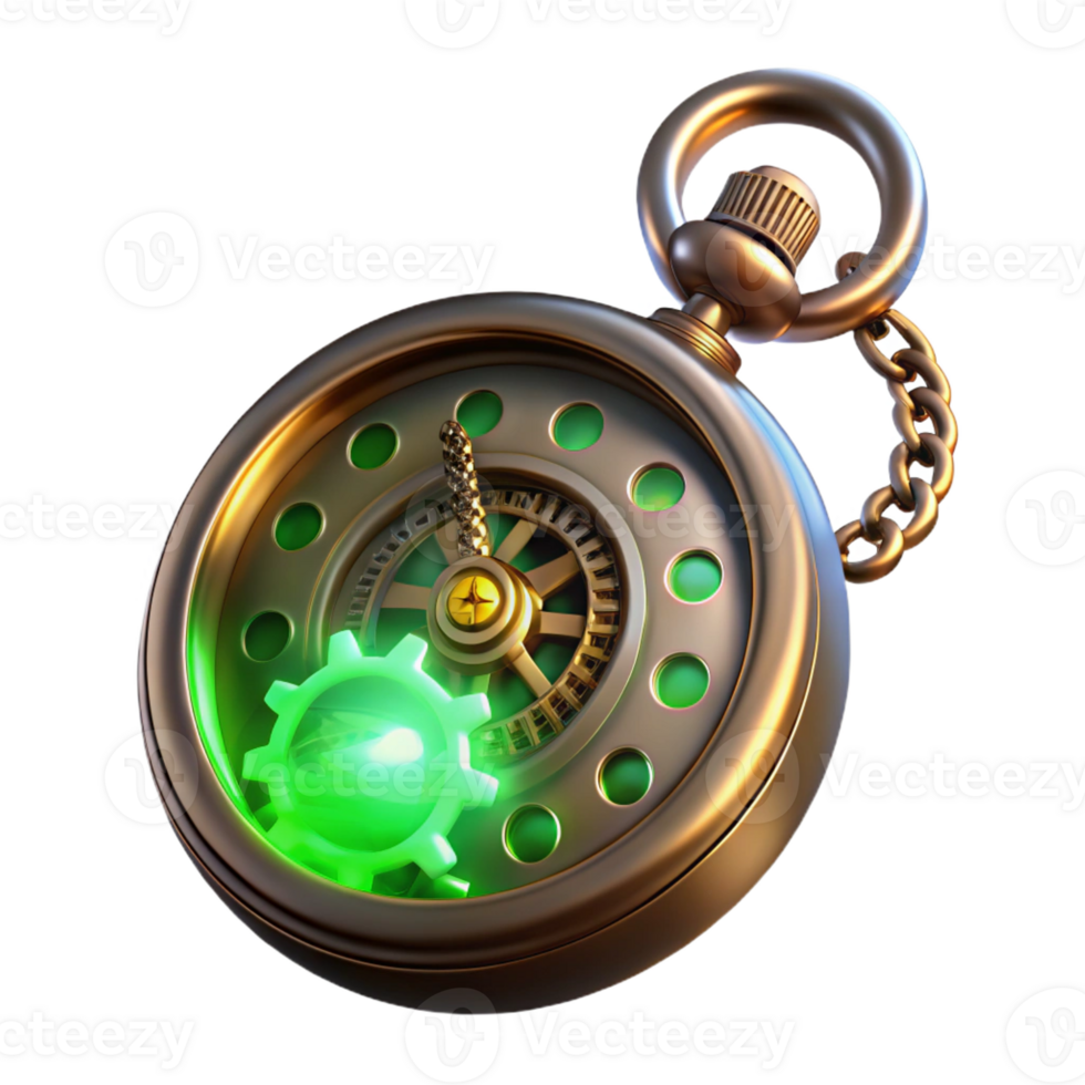 beautiful creative A steampunk pocket watch with intricate gears and Roman numerals, floating in mid-air, glowing with an internal green light, dark, moody lighting, photorealistic style exclusive png