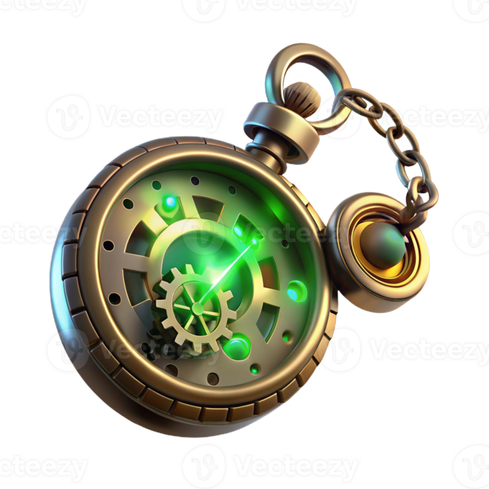 stunning classic A steampunk pocket watch with intricate gears and Roman numerals, floating in mid-air, glowing with an internal green light, dark, moody lighting, photorealistic style high resolution png
